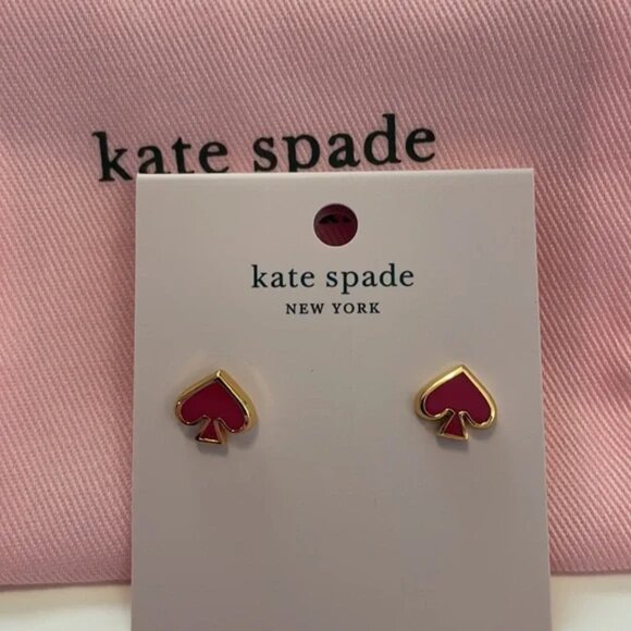 KATE SPADE Bright Rose Enamel Studs Gold Signature Spade Dust Bag Included NWT - Picture 3 of 7